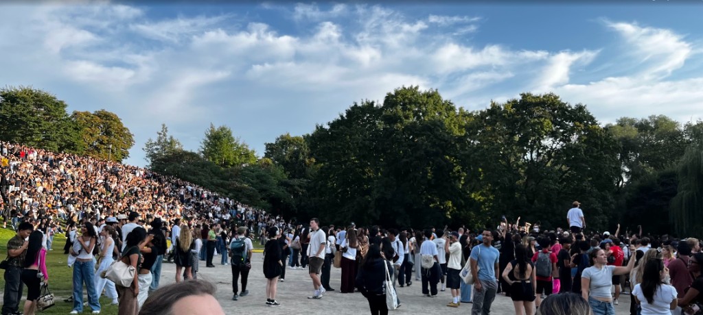 a big crowd gathered in a park