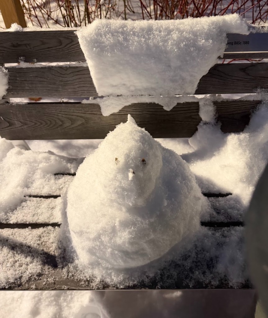 a small snowman on a park bench