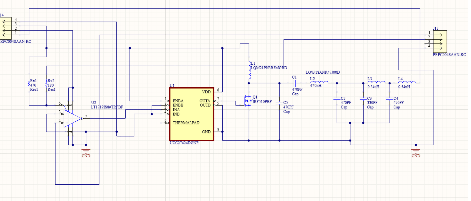 Altium schematic showing the LT1719 comparator, UCC27424 driver, IRF510 MOSFET, and LC low-pass filter
